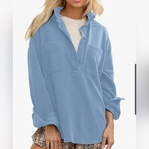 Womens Light Blue Casual Oversized Polo Button-Up Shirt Size Small